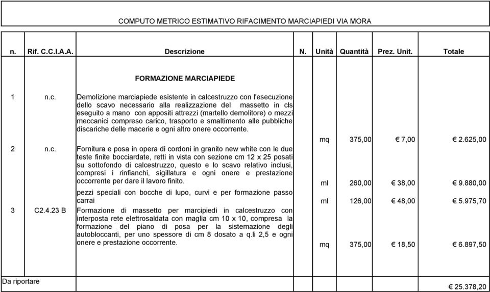 mezzi meccanici compreso carico, trasporto e smaltimento alle pubbliche discariche delle macerie e ogni altro onere occorrente.