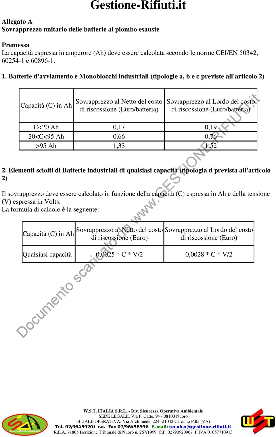 del costo di riscossione (Euro/batteria) C<20 Ah 0,17 0,19 20<C<95 Ah 0,66 0,76 >95 Ah 1,33 1,52 2.