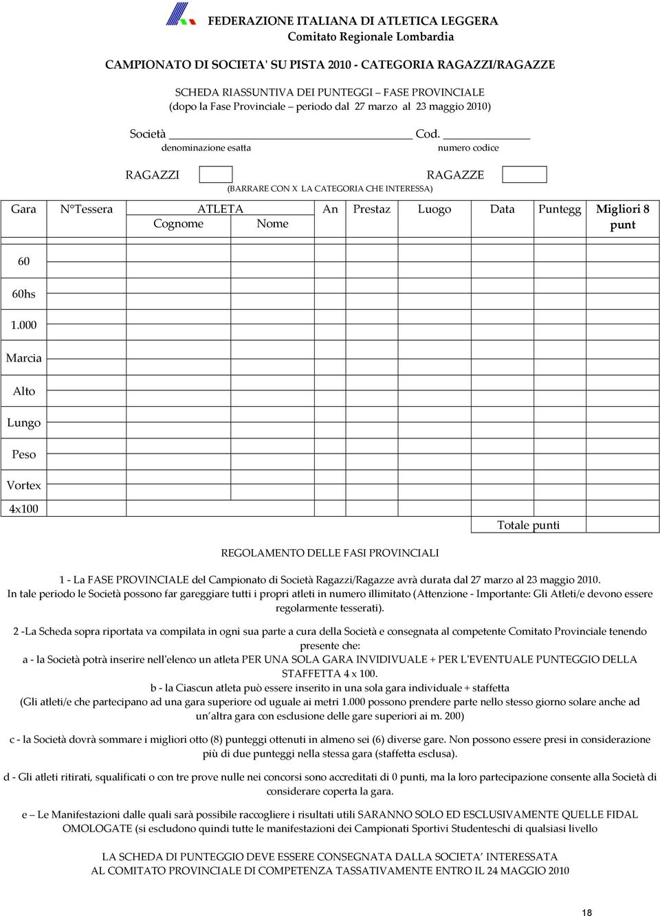 denominazione esatta numero codice RAGAZZI RAGAZZE (BARRARE CON X LA CATEGORIA CHE INTERESSA) Gara N Tessera ATLETA Cognome Nome An Prestaz Luogo Data Puntegg Migliori 8 punt 60 60hs 1.