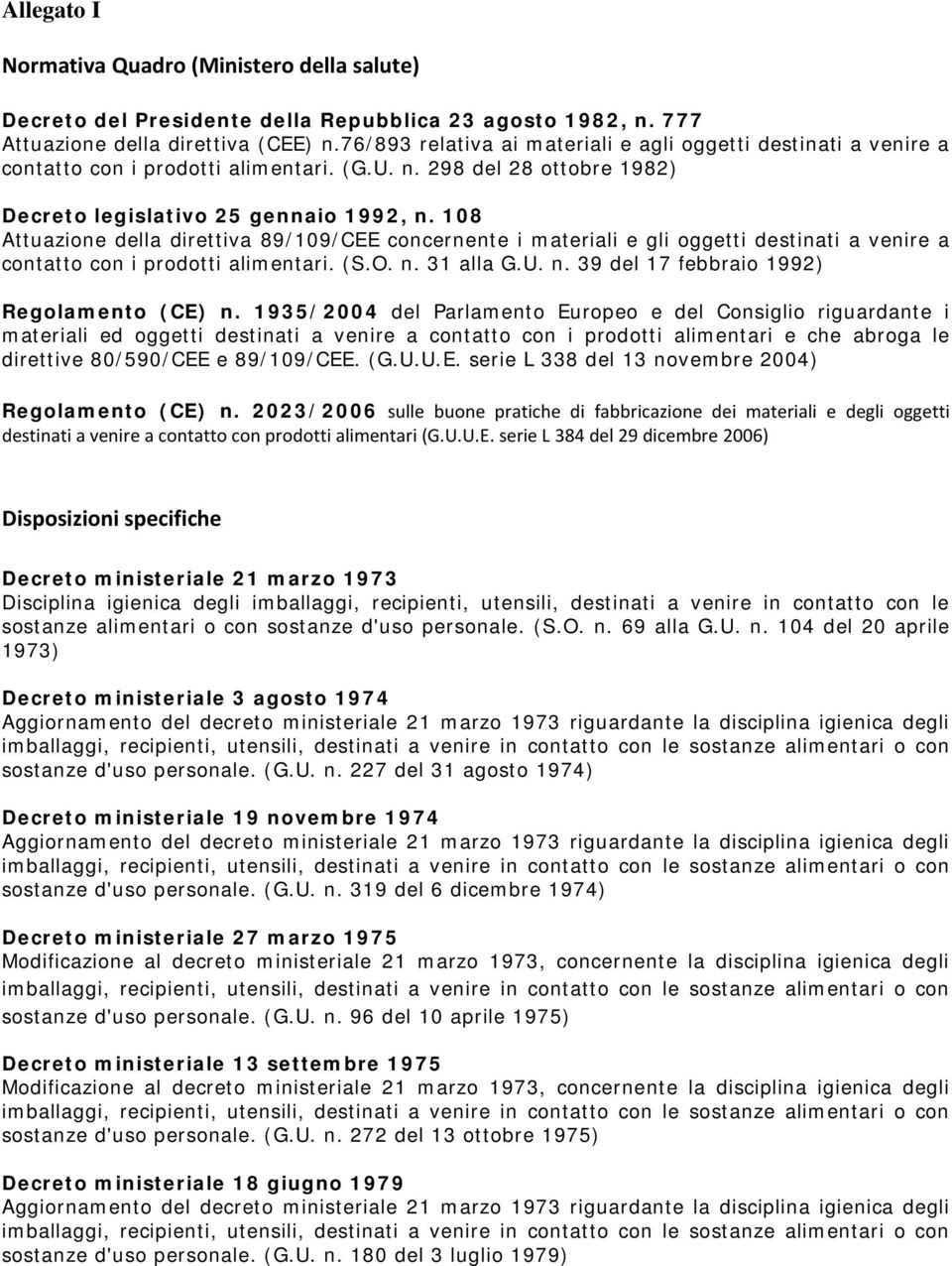 108 Attuazione della direttiva 89/109/CEE concernente i materiali e gli oggetti destinati a venire a contatto con i prodotti alimentari. (S.O. n. 31 alla G.U. n. 39 del 17 febbraio 1992) Regolamento (CE) n.