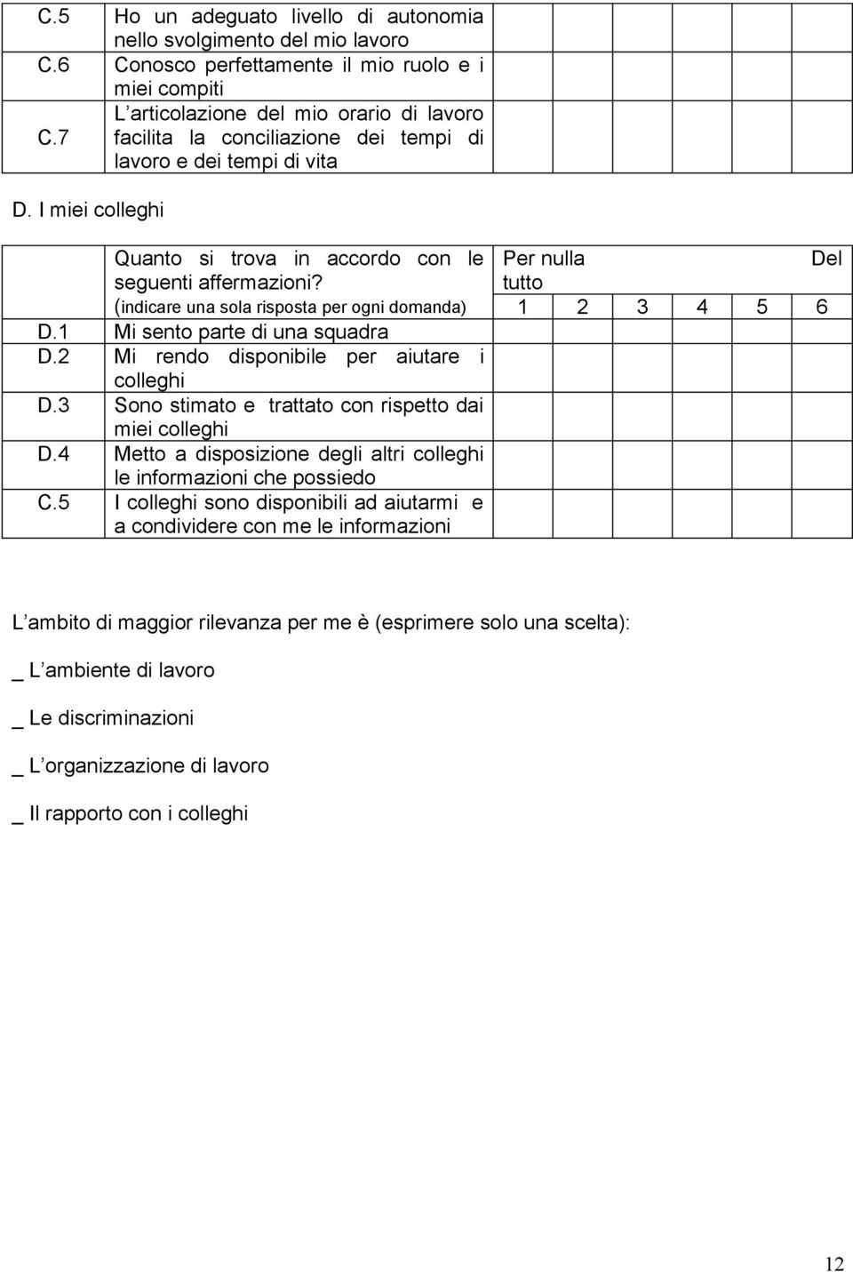 1 Mi sento parte di una squadra D.2 Mi rendo disponibile per aiutare i colleghi D.3 Sono stimato e trattato con rispetto dai miei colleghi D.