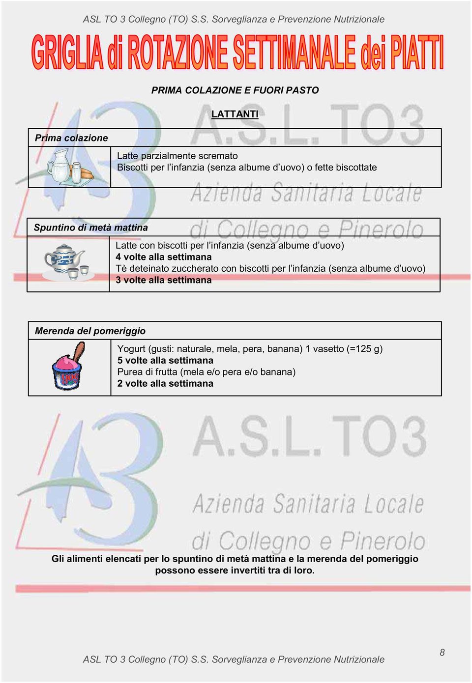 (senza albume d uovo) 3 volte alla Merenda del pomeriggio Yogurt (gusti: naturale, mela, pera, banana) 1 vasetto (=12 g) volte alla Purea di frutta