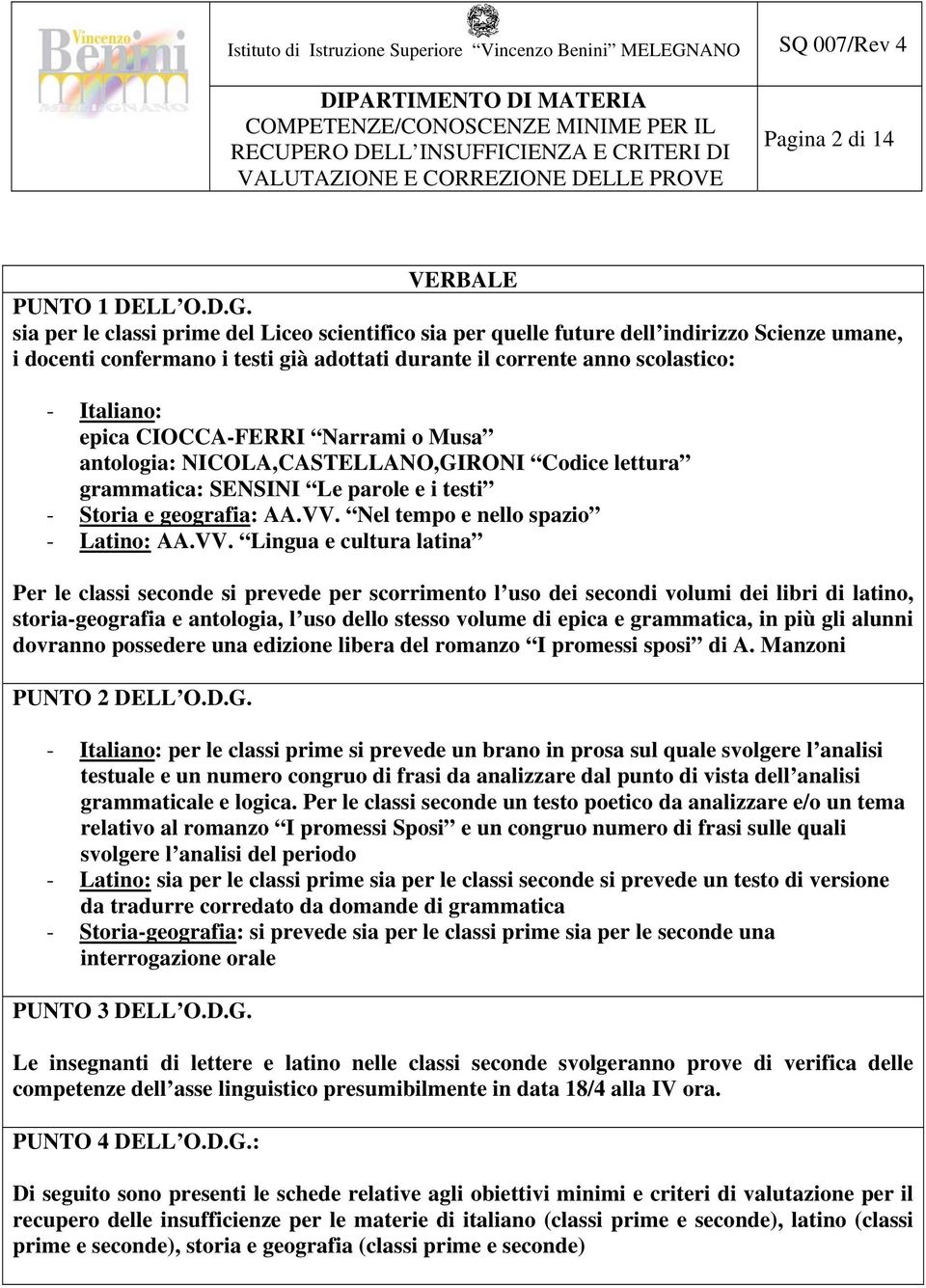 CIOCCA-FERRI Narrami o Musa antologia: NICOLA,CASTELLANO,GIRONI Codice lettura grammatica: SENSINI Le parole e i testi - Storia e geografia: AA.VV.