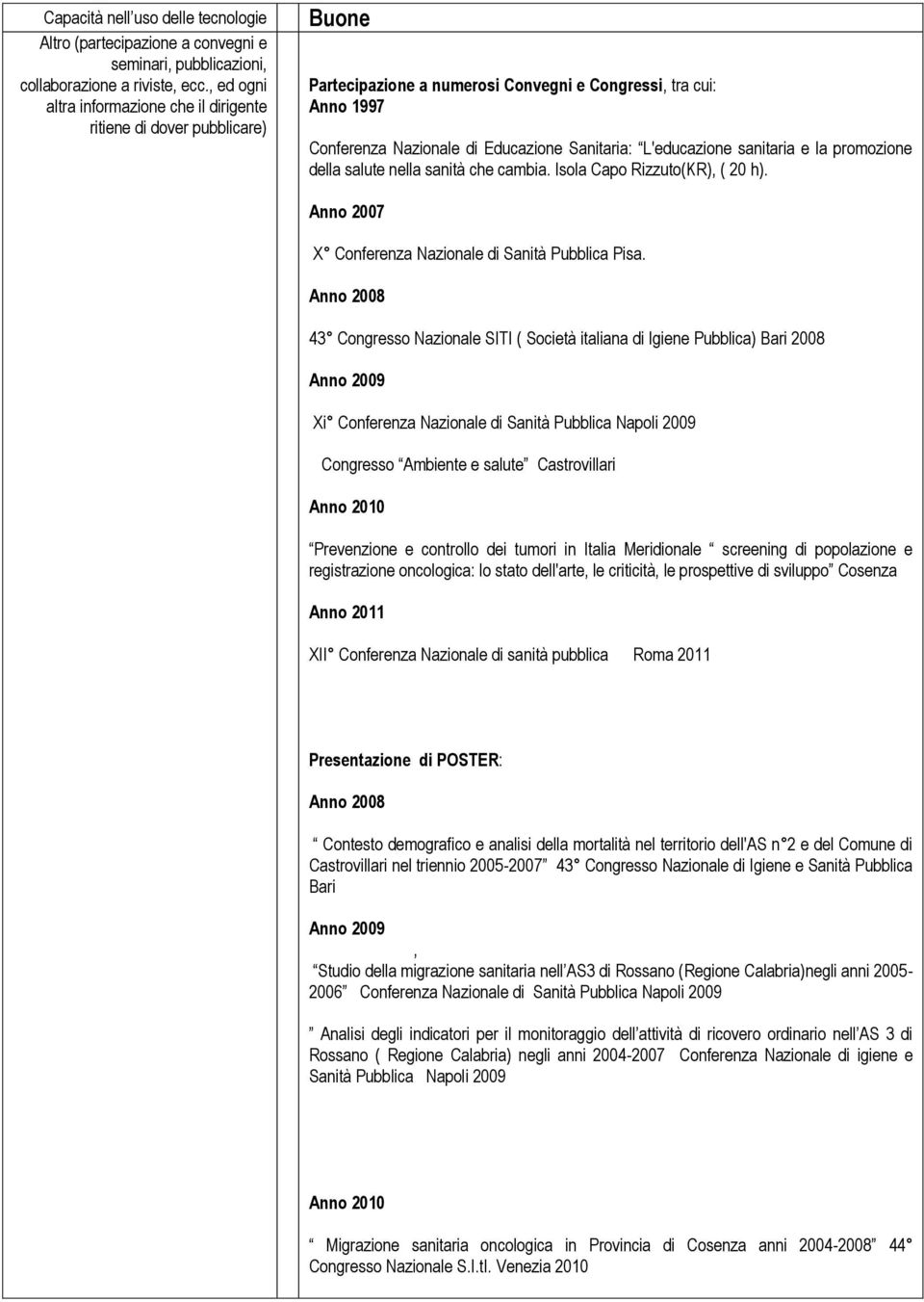 L'educazione sanitaria e la promozione della salute nella sanità che cambia. Isola Capo Rizzuto(KR), ( 20 h). Anno 2007 X Conferenza Nazionale di Sanità Pubblica Pisa.