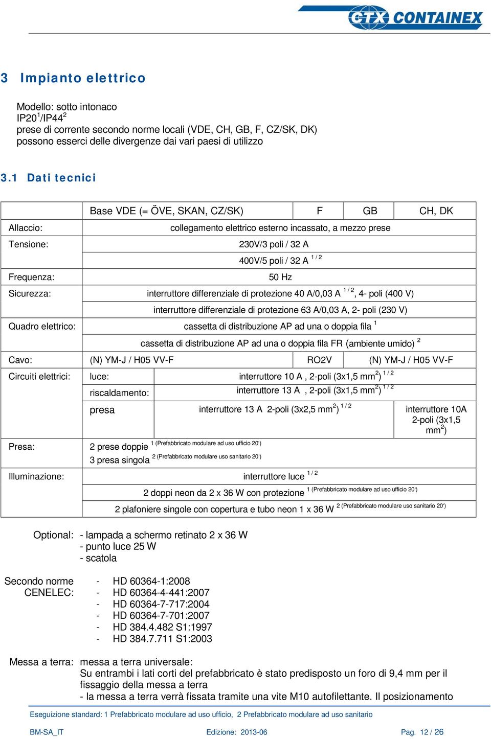 Sicurezza: interruttore differenziale di protezione 40 A/0,03 A 1 / 2, 4- poli (400 V) interruttore differenziale di protezione 63 A/0,03 A, 2- poli (230 V) Quadro elettrico: cassetta di