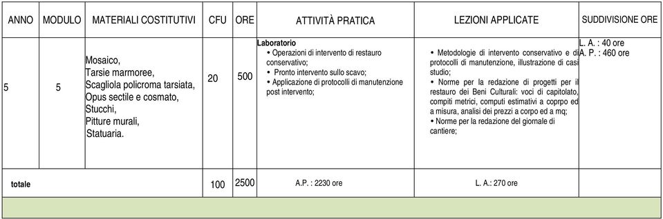 P. : 460 ore protocolli di manutenzione, illustrazione di casi studio; Norme per la redazione di progetti per il restauro dei Beni Culturali: voci di capitolato, compiti metrici, computi