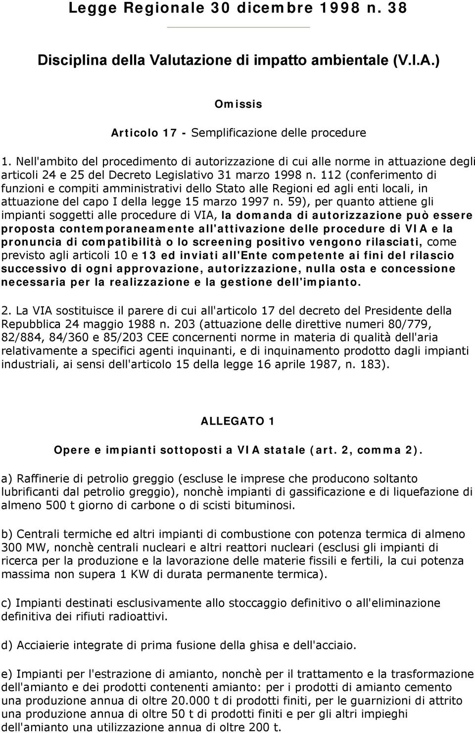 112 (conferimento di funzioni e compiti amministrativi dello Stato alle Regioni ed agli enti locali, in attuazione del capo I della legge 15 marzo 1997 n.