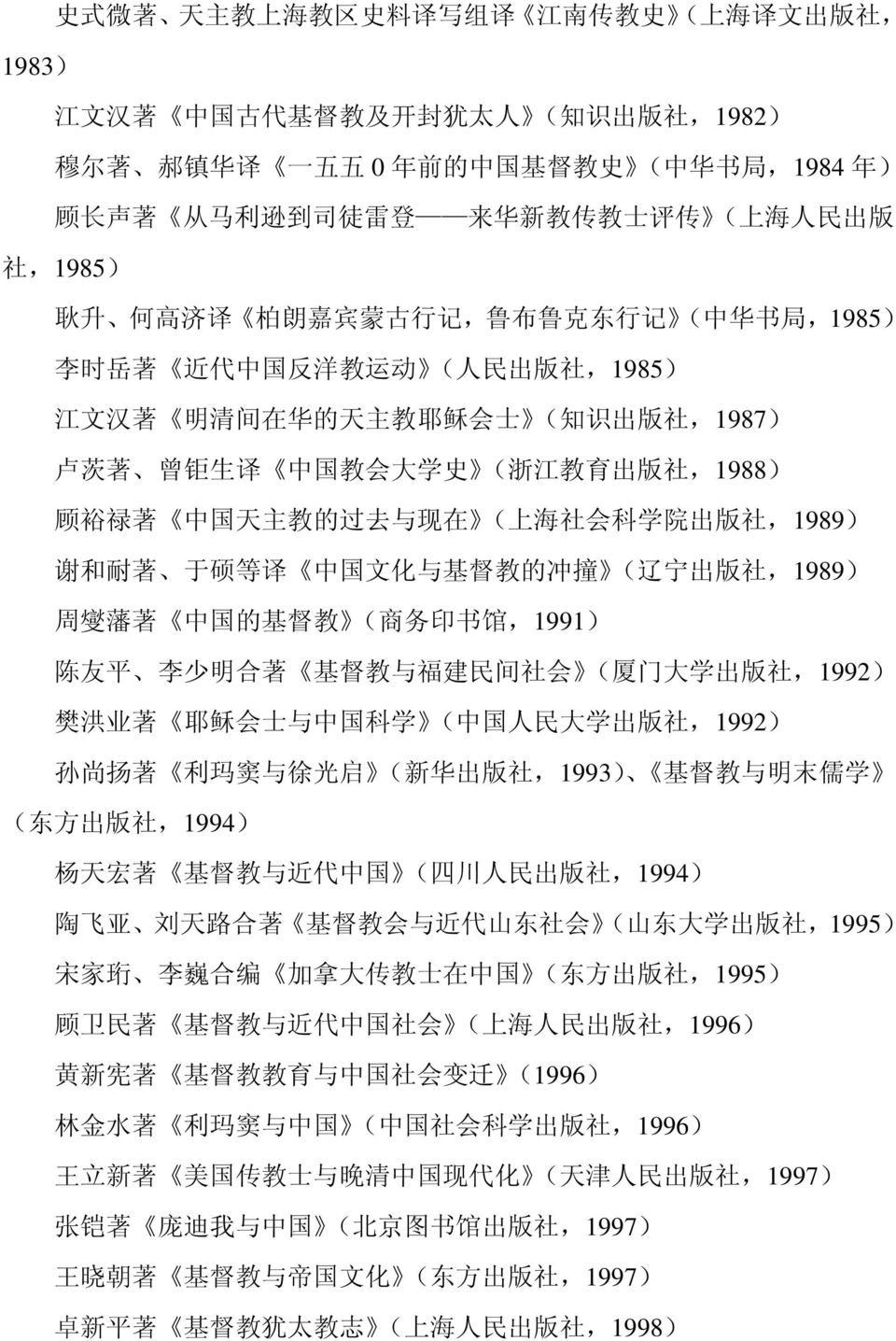 卢 茨 著 曾 钜 生 译 中 国 教 会 大 学 史 ( 浙 江 教 育 出 版 社,1988) 顾 裕 禄 著 中 国 天 主 教 的 过 去 与 现 在 ( 上 海 社 会 科 学 院 出 版 社,1989) 谢 和 耐 著 于 硕 等 译 中 国 文 化 与 基 督 教 的 冲 撞 ( 辽 宁 出 版 社,1989) 周 燮 藩 著 中 国 的 基 督 教 ( 商 务 印 书