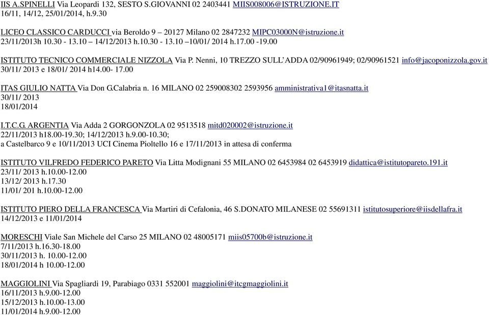 00 ISTITUTO TECNICO COMMERCIALE NIZZOLA Via P. Nenni, 10 TREZZO SULL ADDA 02/90961949; 02/90961521 info@jacoponizzola.gov.it 30/11/ 2013 e 18/01/ 2014 h14.00-17.00 ITAS GIULIO NATTA Via Don G.
