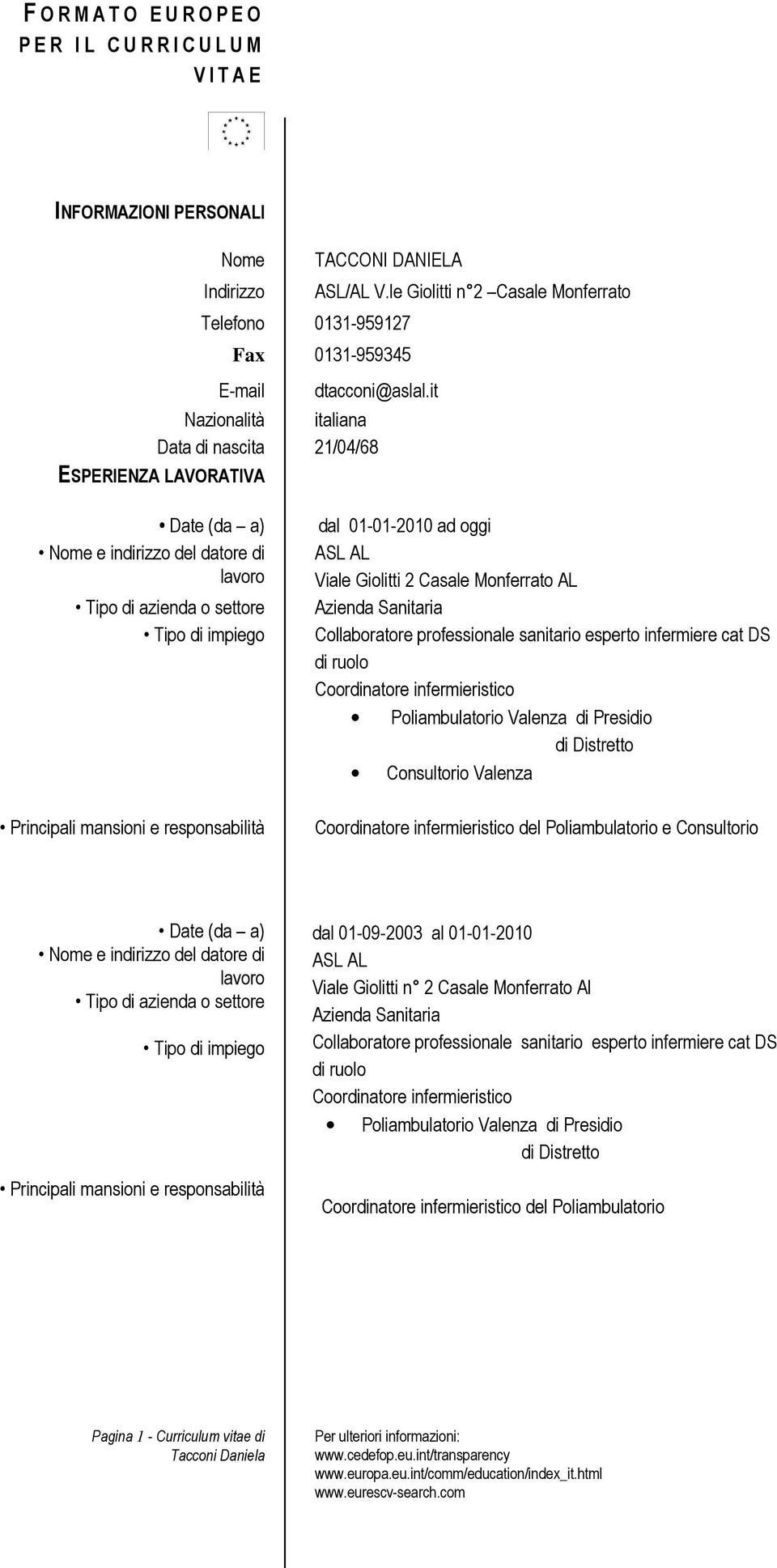 it Nazionalità italiana Data di nascita 21/04/68 ESPERIENZA LAVORATIVA dal 01-01-2010 ad oggi ASL AL Viale Giolitti 2 Casale Monferrato AL Collaboratore professionale sanitario esperto infermiere cat