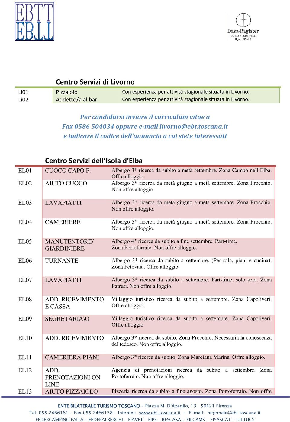 Offre EL02 AIUTO CUOCO Albergo 3* ricerca da metà giugno a metà Zona Procchio. Non offre EL03 LAVAPIATTI Albergo 3* ricerca da metà giugno a metà Zona Procchio.