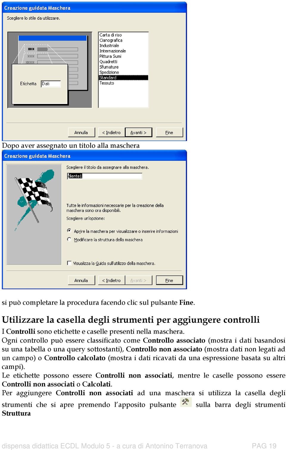 Ogni controllo può essere classificato come Controllo associato (mostra i dati basandosi su una tabella o una query sottostanti), Controllo non associato (mostra dati non legati ad un campo) o