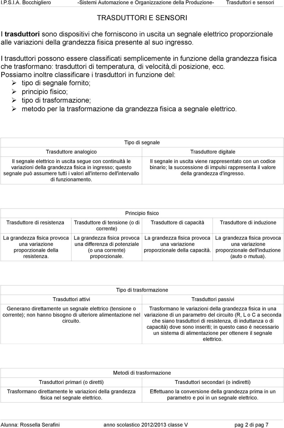 Possiamo inoltre classificare i trasduttori in funzione del: tipo di segnale fornito; principio fisico; tipo di trasformazione; metodo per la trasformazione da grandezza fisica a segnale elettrico.