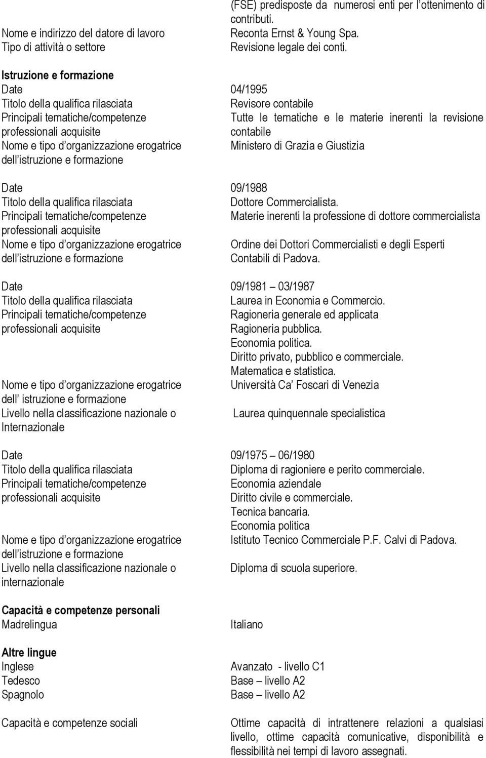 Dottore Commercialista. Materie inerenti la professione di dottore commercialista Nome e tipo d organizzazione erogatrice Ordine dei Dottori Commercialisti e degli Esperti Contabili di Padova.