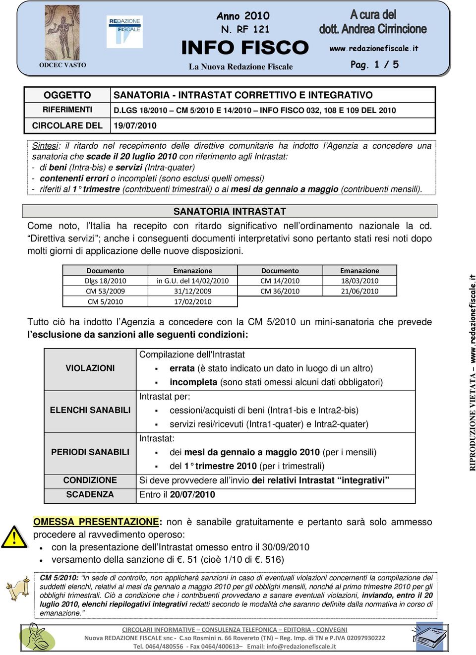 sanatoria che scade il 20 luglio 2010 con riferimento agli Intrastat: - di beni (Intra-bis) e servizi (Intra-quater) - contenenti errori o incompleti (sono esclusi quelli omessi) - riferiti al 1