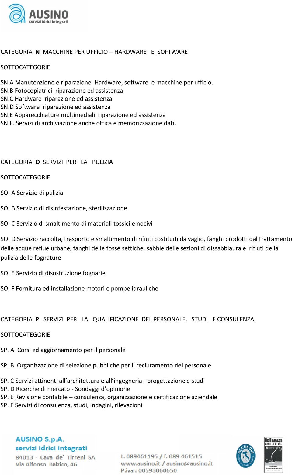 Servizi di archiviazione anche ottica e memorizzazione dati. CATEGORIA O SERVIZI PER LA PULIZIA SO. A Servizio di pulizia SO. B Servizio di disinfestazione, sterilizzazione SO.