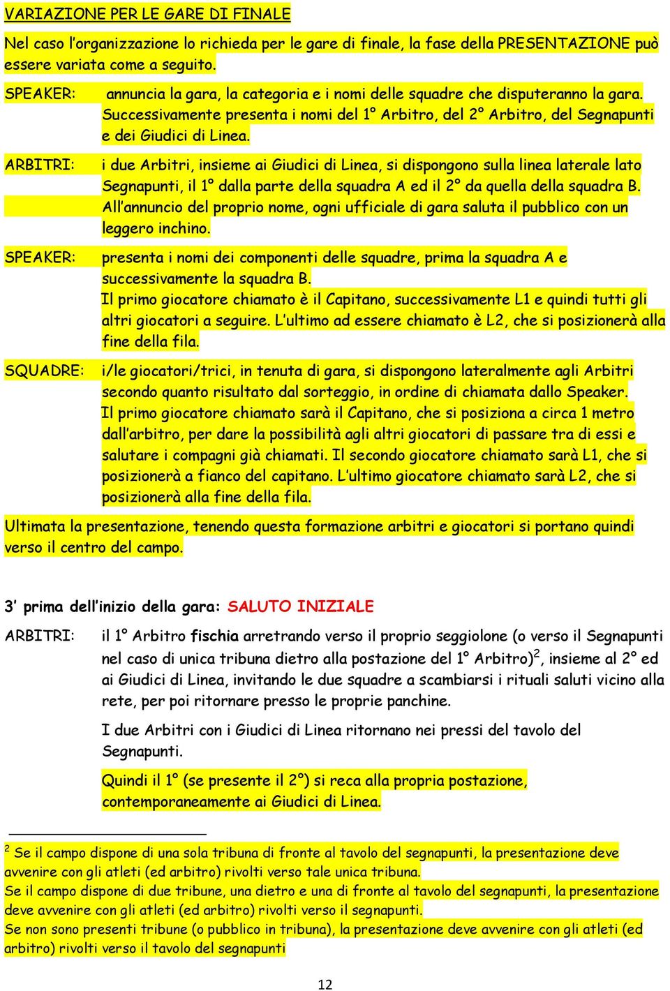 Successivamente presenta i nomi del 1 Arbitro, del 2 Arbitro, del Segnapunti e dei Giudici di Linea.