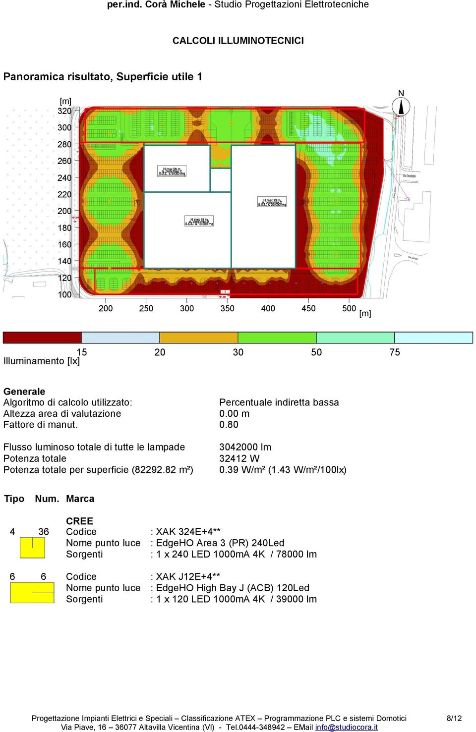 00 m Fattore di manut. 0.80 Flusso luminoso totale di tutte le lampade Potenza totale Potenza totale per superficie (82292.82 m²) 3042000 lm 32412 W 0.39 W/m² (1.