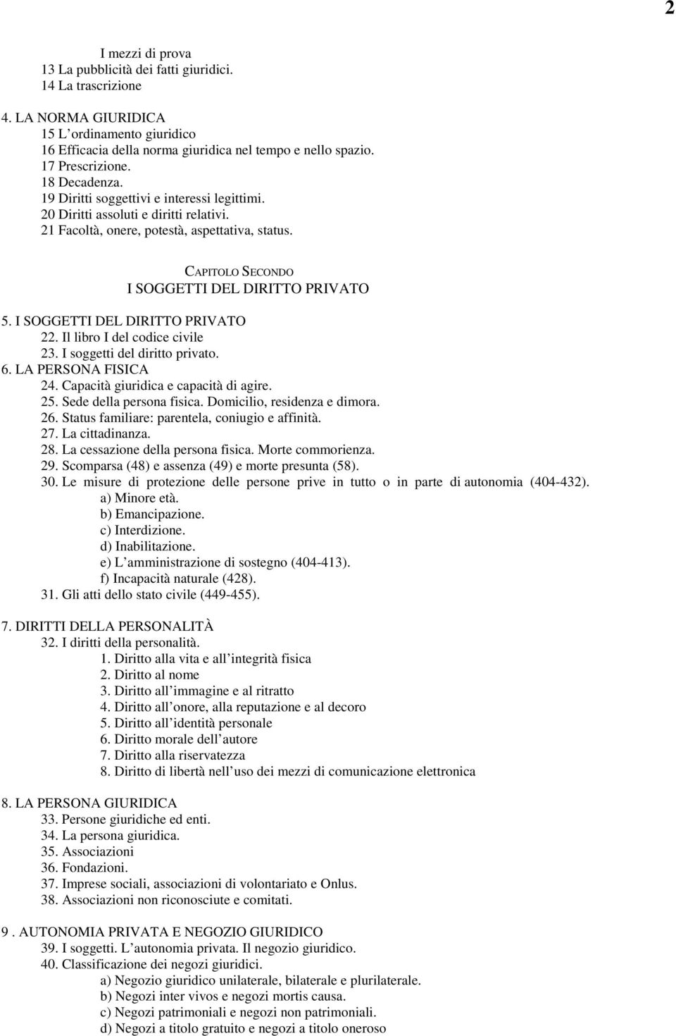 CAPITOLO SECONDO I SOGGETTI DEL DIRITTO PRIVATO 5. I SOGGETTI DEL DIRITTO PRIVATO 22. Il libro I del codice civile 23. I soggetti del diritto privato. 6. LA PERSONA FISICA 24.