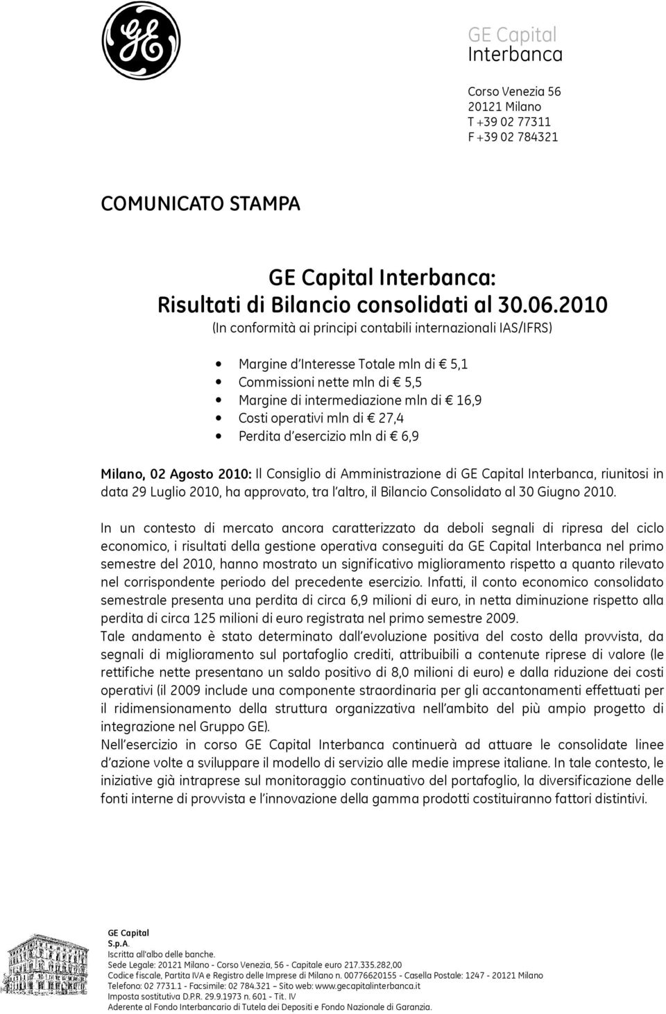 27,4 Perdita d esercizio mln di 6,9 Milano, 02 Agosto 2010: Il Consiglio di Amministrazione di GE Capital Interbanca, riunitosi in data 29 Luglio 2010, ha approvato, tra l altro, il Bilancio