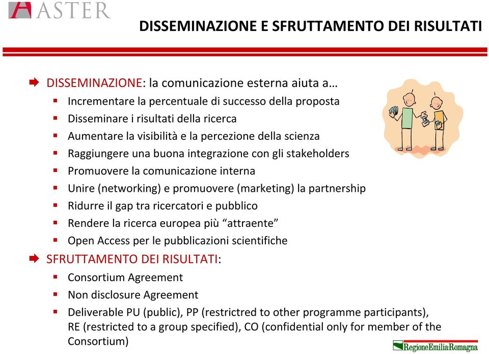 (marketing) la partnership Ridurre il gap tra ricercatori e pubblico Rendere la ricerca europea più attraente Open Access per le pubblicazioni scientifiche SFRUTTAMENTO DEI RISULTATI: Consortium