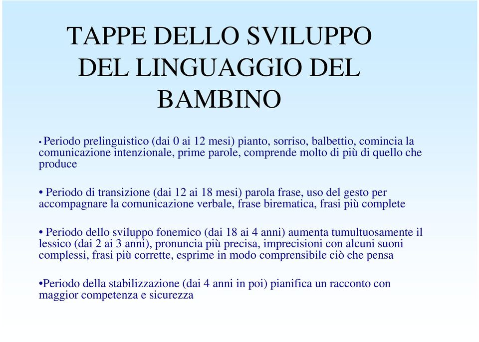 frasi più complete Periodo dello sviluppo fonemico (dai 18 ai 4 anni) aumenta tumultuosamente il lessico (dai 2 ai 3 anni), pronuncia più precisa, imprecisioni con alcuni suoni