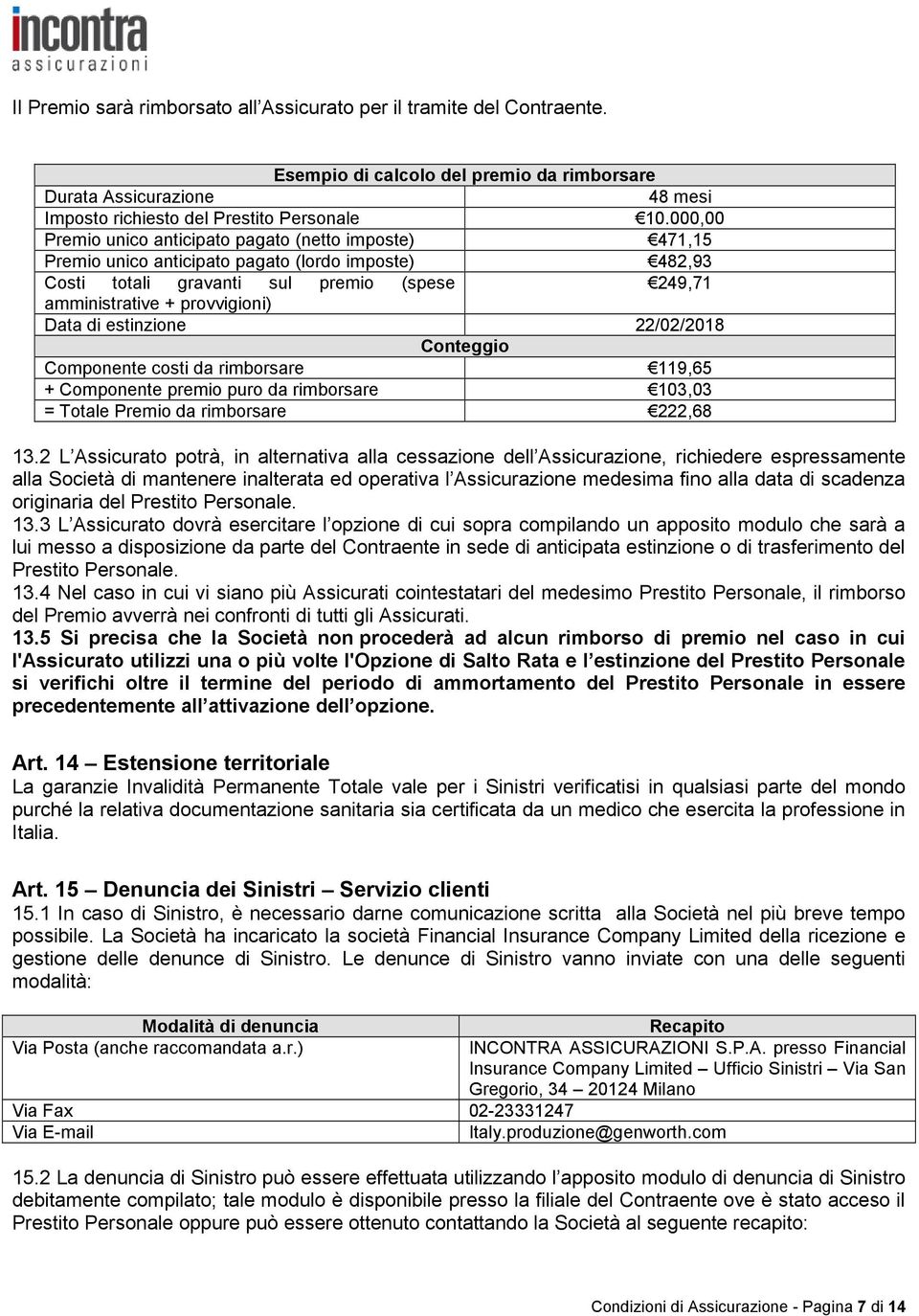 estinzione 22/02/2018 Conteggio Componente costi da rimborsare 119,65 + Componente premio puro da rimborsare 103,03 = Totale Premio da rimborsare 222,68 13.