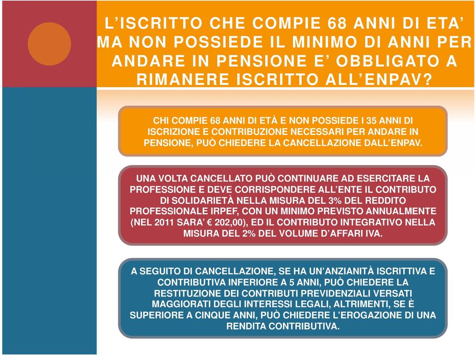 UNA VOLTA CANCELLATO PUÒ CONTINUARE AD ESERCITARE LA PROFESSIONE E DEVE CORRISPONDERE ALL ENTE IL CONTRIBUTO DI SOLIDARIETÀ NELLA MISURA DEL 3% DEL REDDITO PROFESSIONALE IRPEF, CON UN MINIMO PREVISTO