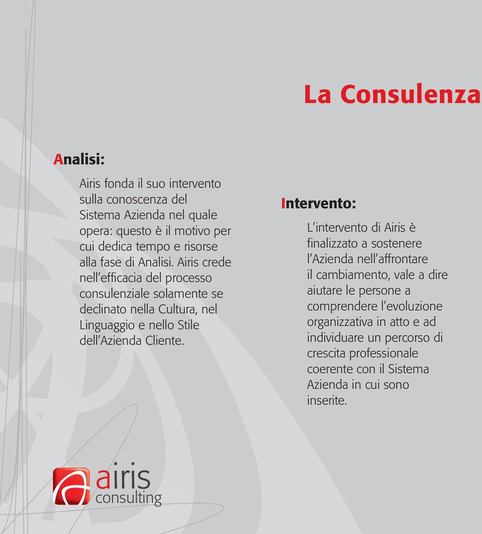Airis crede nell efficacia del processo consulenziale solamente se declinato nella Cultura, nel Linguaggio e nello Stile dell Azienda Cliente.