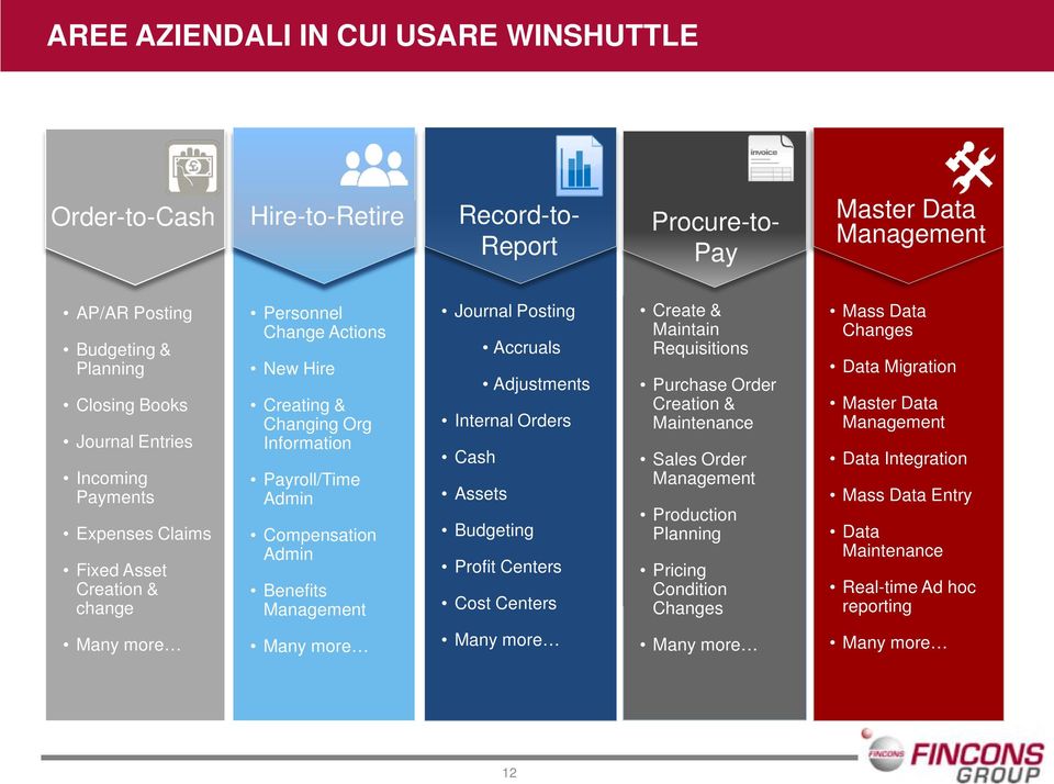 Accruals Adjustments Internal Orders Cash Assets Budgeting Profit Centers Cost Centers Create & Maintain Requisitions Purchase Order Creation & Maintenance Sales Order Management Production Planning