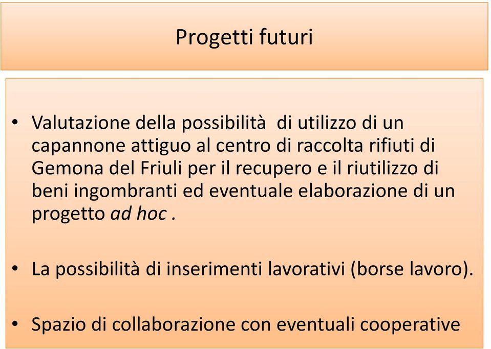 beni ingombranti ed eventuale elaborazione di un progetto ad hoc.