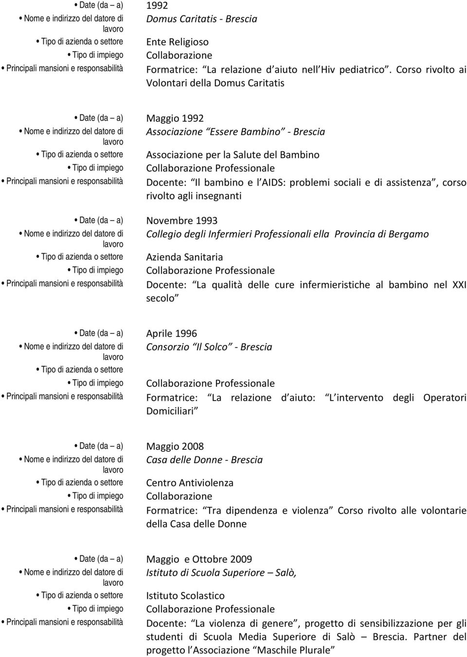 assistenza, corso rivolto agli insegnanti Date (da a) Novembre 1993 Collegio degli Infermieri Professionali ella Provincia di Bergamo Azienda Sanitaria Docente: La qualità delle cure infermieristiche