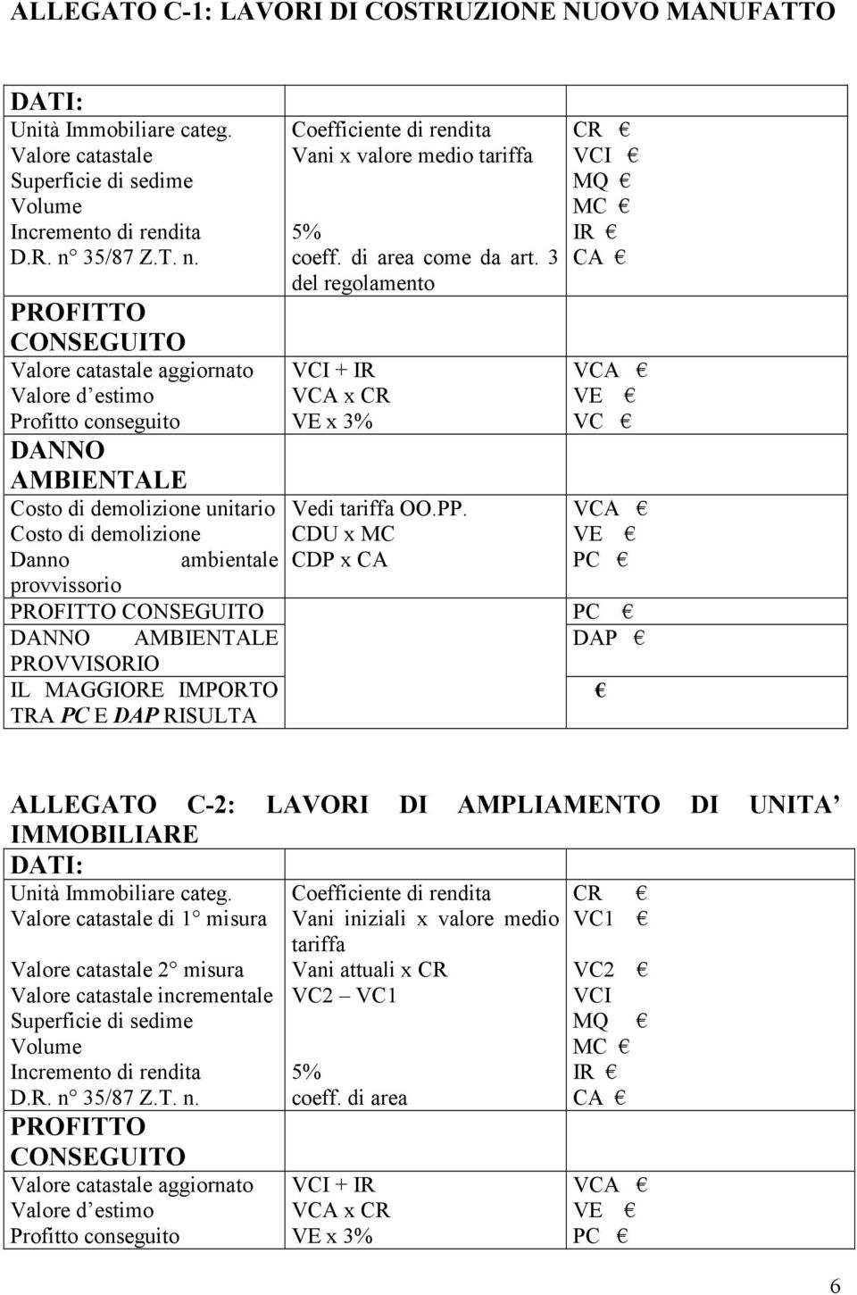 del regolamento VE x % VCI MQ MC VC Costo di demolizione Vedi tariffa OO.PP.