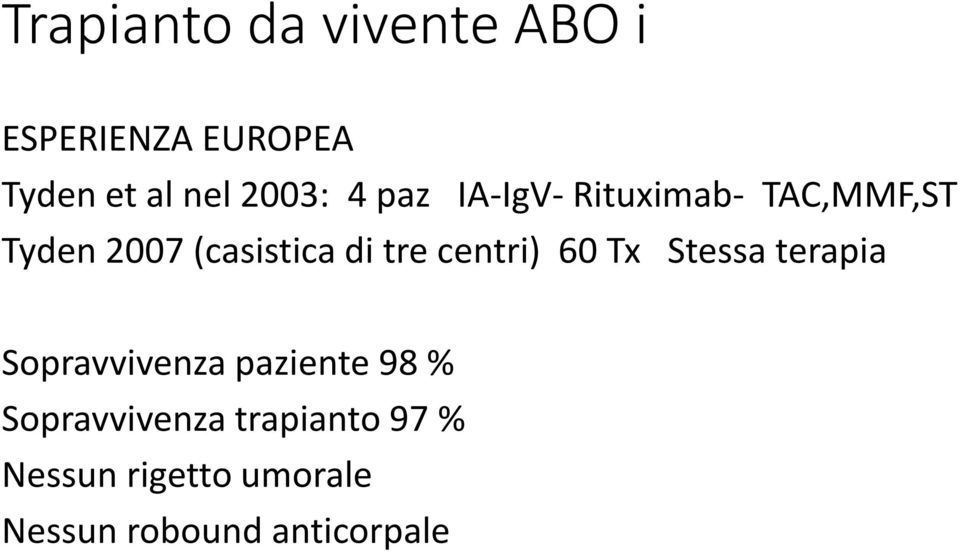 tre centri) 60 Tx Stessa terapia Sopravvivenza paziente 98 %