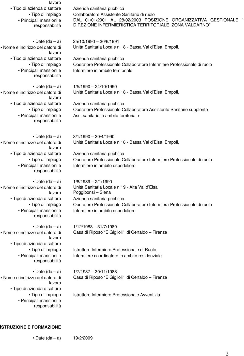 a) 1/5/1990 24/10/1990 Azienda sanitaria pubblica Tipo di impiego Operatore Professionale Collaboratore Assistente Sanitario supplente Ass.