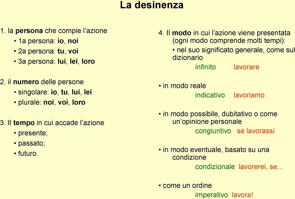 Il modo in cui l azione viene presentata (ogni modo comprende molti tempi): nel suo significato generale, come sul dizionario infinito lavorare in modo