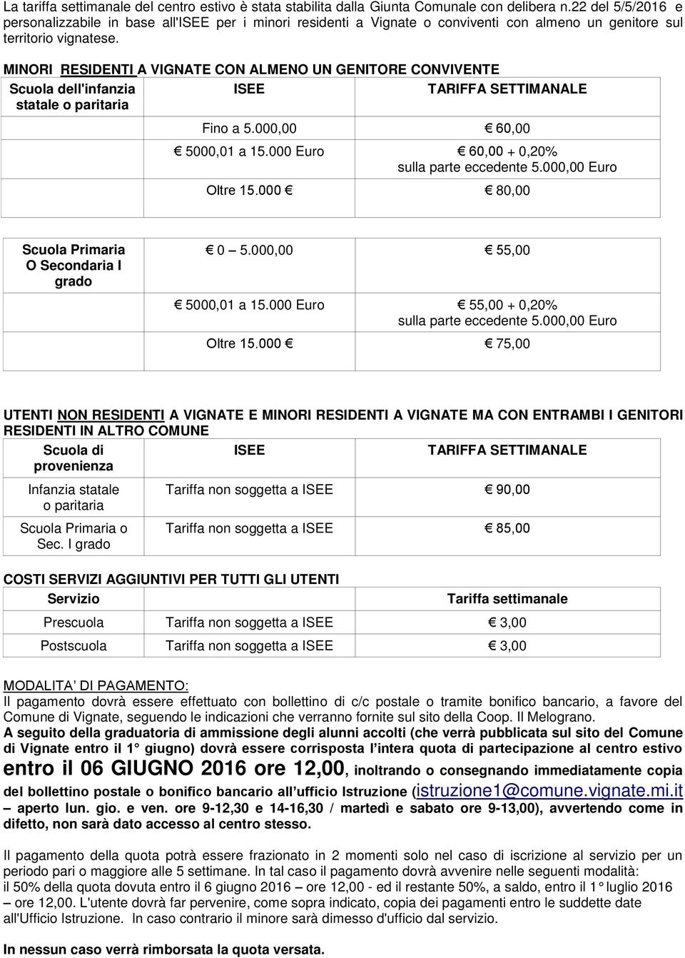 MINORI RESIDENTI A VIGNATE CON ALMENO UN GENITORE CONVIVENTE Scuola dell'infanzia statale o paritaria ISEE TARIFFA SETTIMANALE Fino a 5.000,00 60,00 5000,01 a 15.