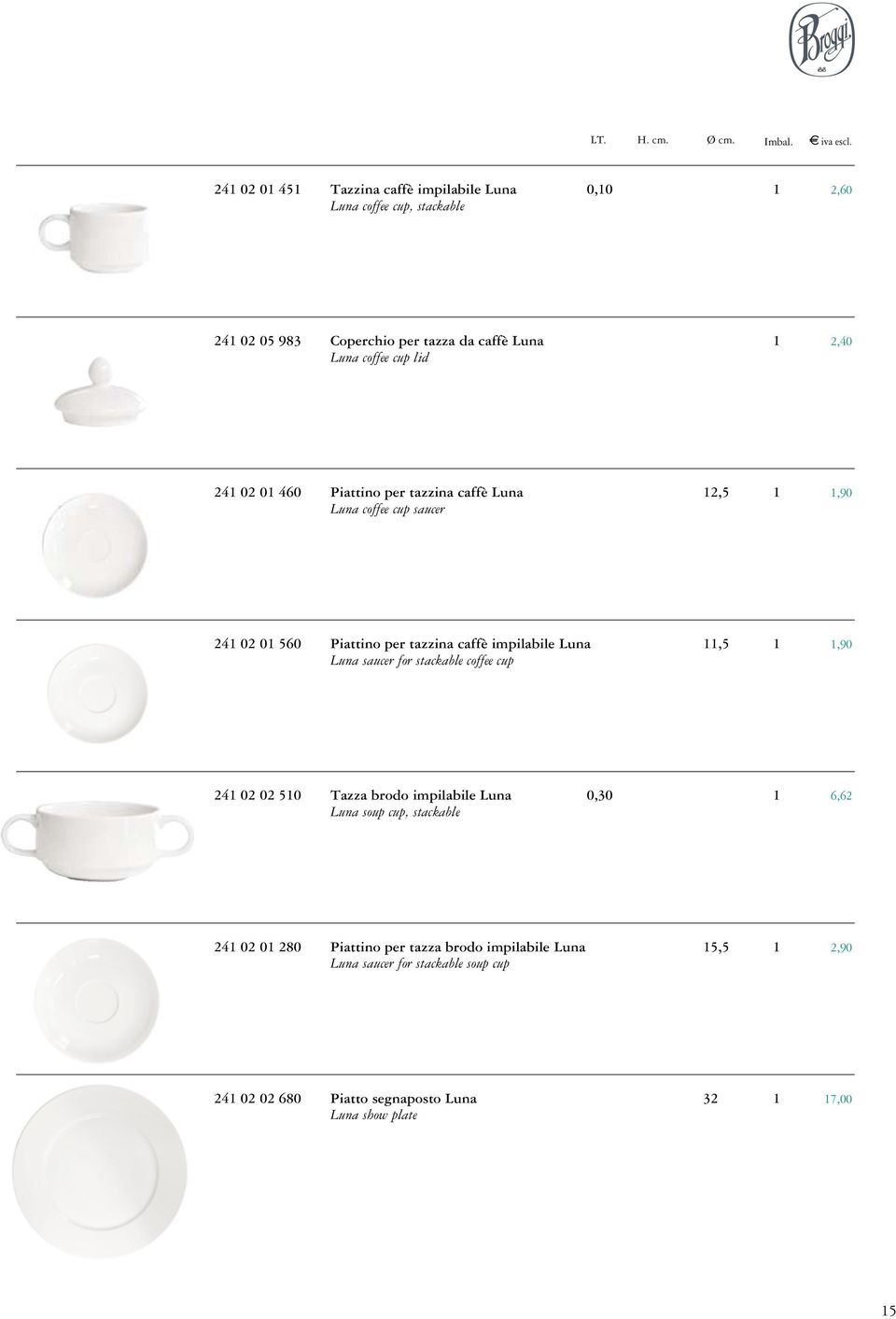 lid 241 02 01 460 Piattino per tazzina caffè Luna 12,5 1 1,90 Luna coffee cup saucer 241 02 01 560 Piattino per tazzina caffè impilabile Luna 11,5 1 1,90