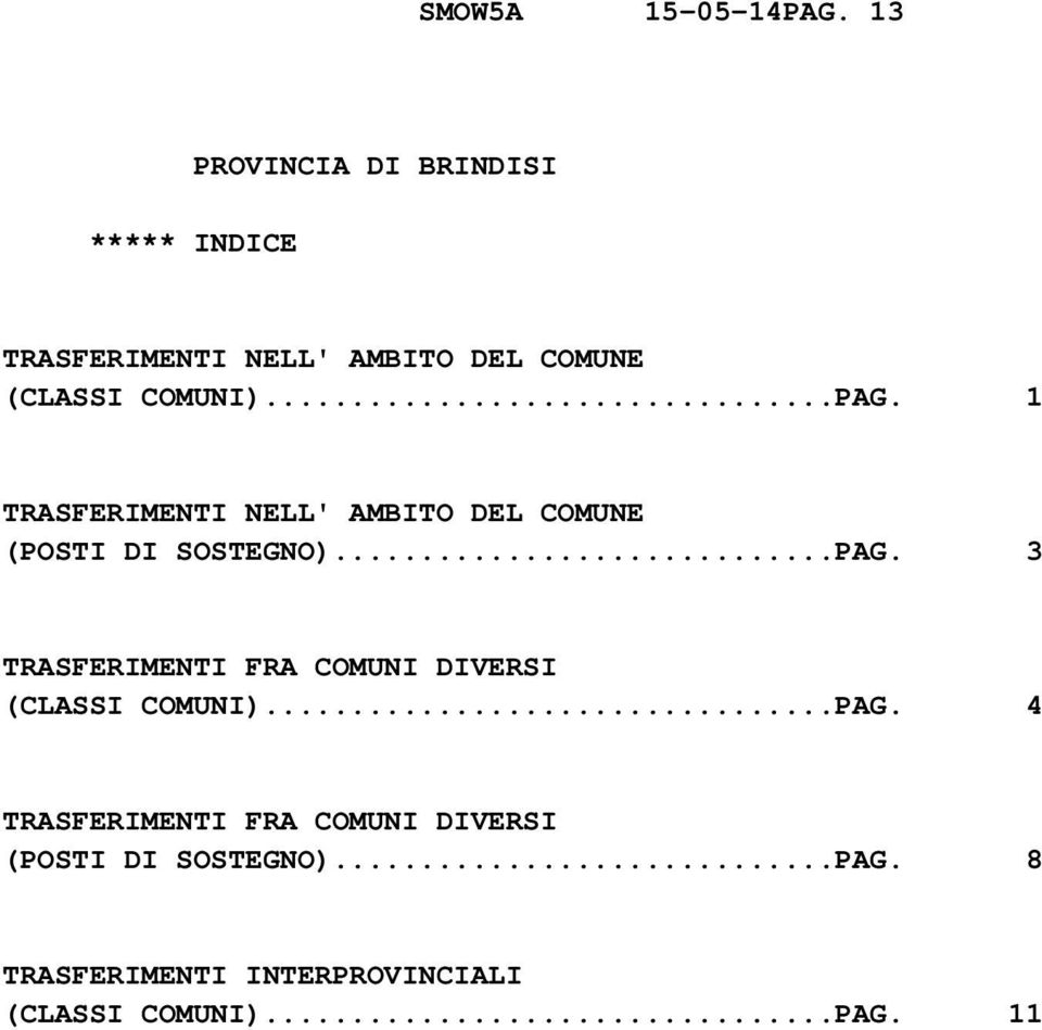 COMUNI)...PAG. 1 TRASFERIMENTI NELL' AMBITO DEL COMUNE (POSTI DI SOSTEGNO)...PAG. 3 TRASFERIMENTI FRA COMUNI DIVERSI (CLASSI COMUNI).