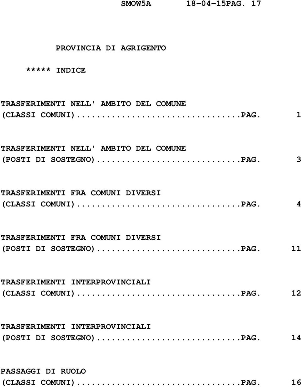 ..PAG. 11 TRASFERIMENTI INTERPROVINCIALI (CLASSI COMUNI)...PAG. 12 TRASFERIMENTI INTERPROVINCIALI (POSTI DI SOSTEGNO).