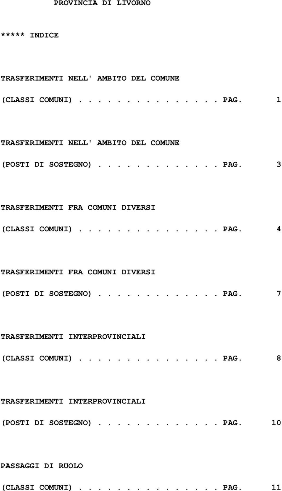 .............. PAG. 4 TRASFERIMENTI FRA COMUNI DIVERSI (POSTI DI SOSTEGNO)............. PAG. 7 TRASFERIMENTI INTERPROVINCIALI (CLASSI COMUNI).