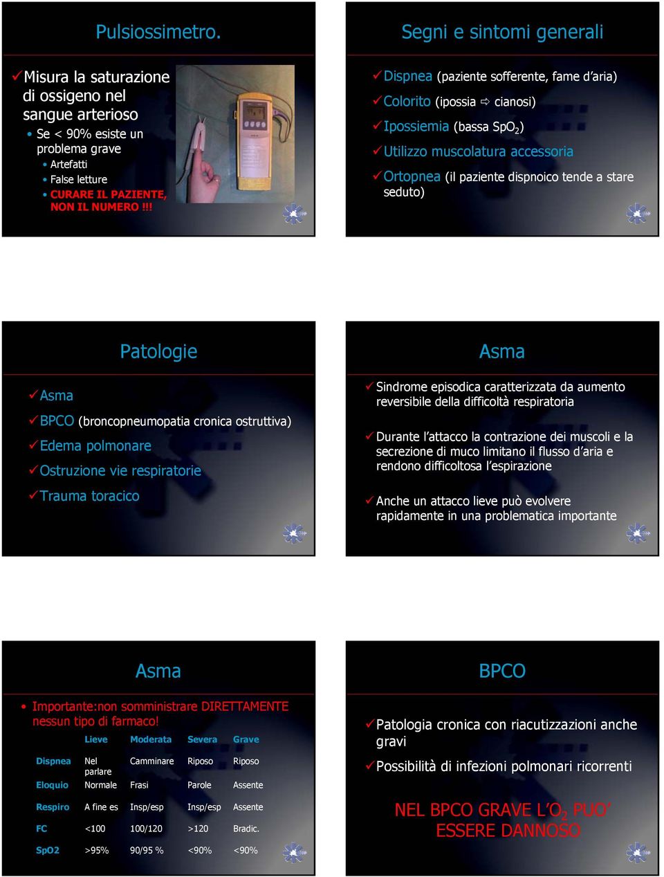 BPCO (broncopneumopatia cronica ostruttiva) Edema polmonare Ostruzione vie respiratorie Trauma toracico Asma Sindrome episodica caratterizzata da aumento reversibile della difficoltà respiratoria