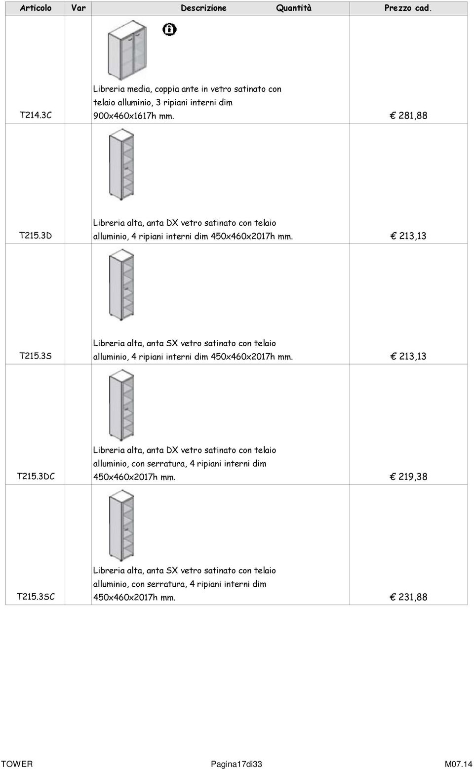 213,13 Libreria alta, anta SX vetro satinato con telaio T215.3S alluminio, 4 ripiani interni dim 450x460x2017h mm.