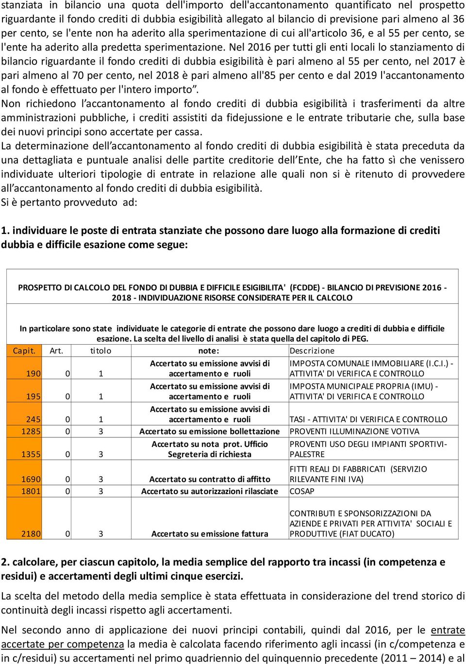 Nel 2016 per tutti gli enti locali lo stanziamento di bilancio riguardante il fondo crediti di dubbia esigibilità è pari almeno al 55 per cento, nel 2017 è pari almeno al 70 per cento, nel 2018 è