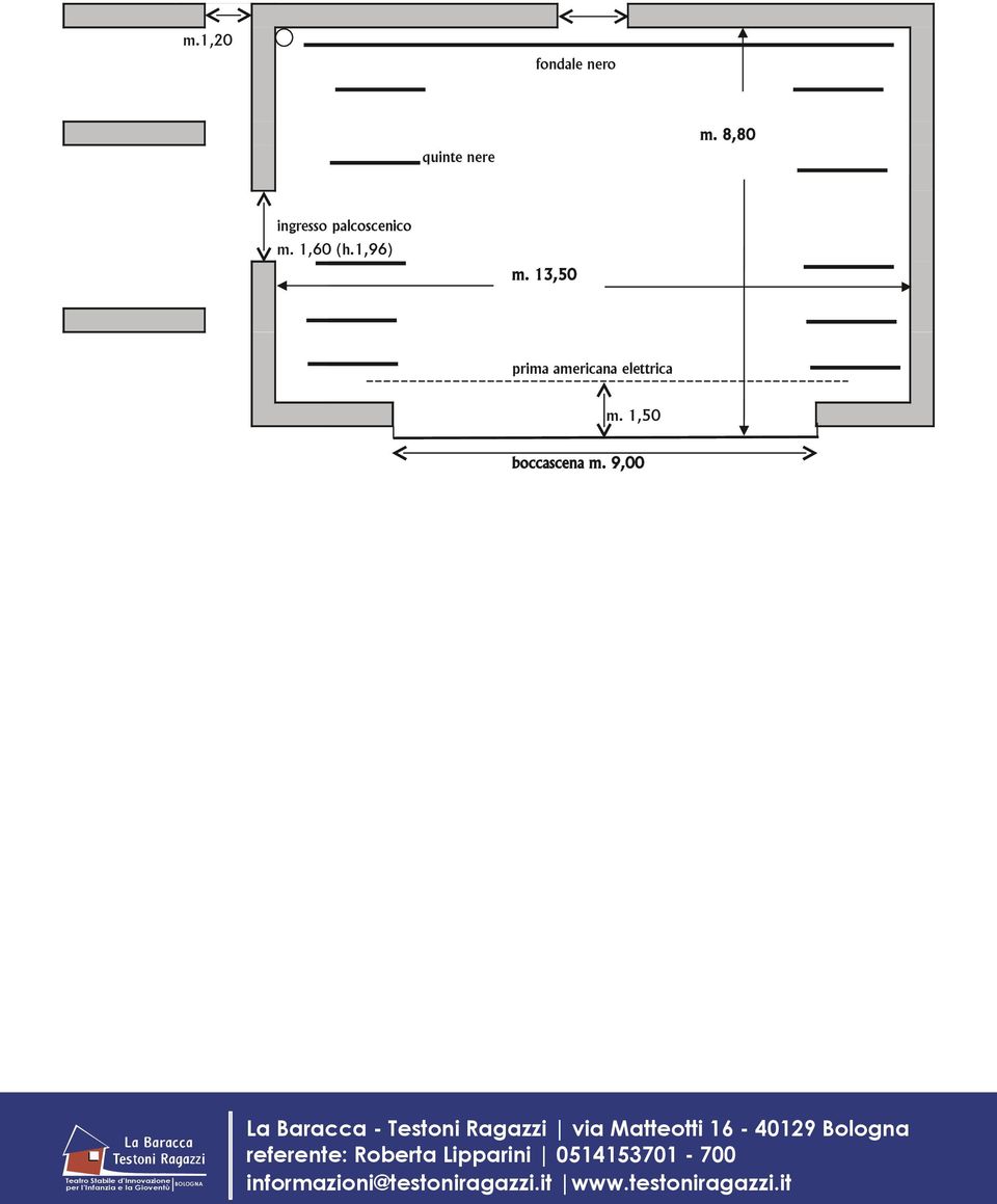 9 x 12, diviso in due parti + 10 quinte misure miste + 4 cieli altezze miste Sipario nero manuale in velluto Prima americana elettrica con ritorni Americane su stangone di alluminio con ritorni: