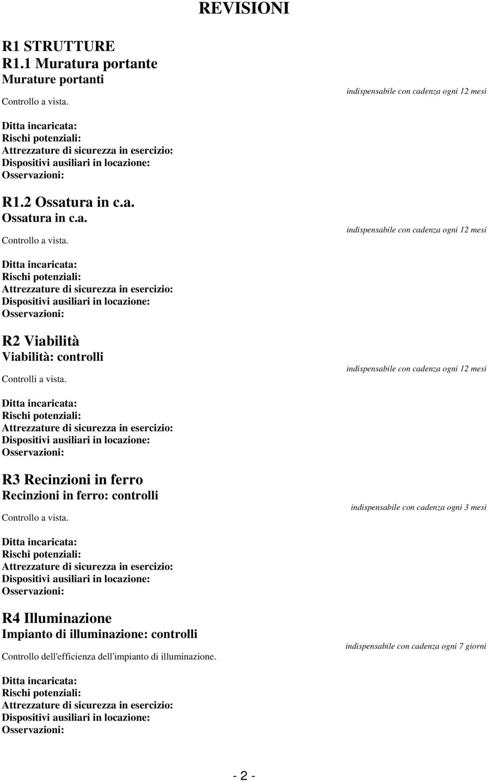 Rischi potenziali: Dispositivi ausiliari in locazione: R2 Viabilità Viabilità: controlli Controlli a vista.