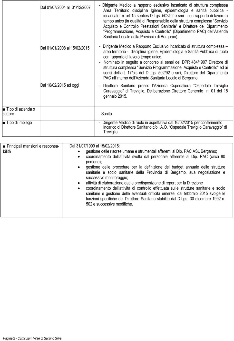 502/92 e smi - con rapporto di lavoro a tempo unico (in qualità di Responsabile della struttura complessa Servizio Acquisto e Controllo Prestazioni Sanitarie" e Direttore del Dipartimento