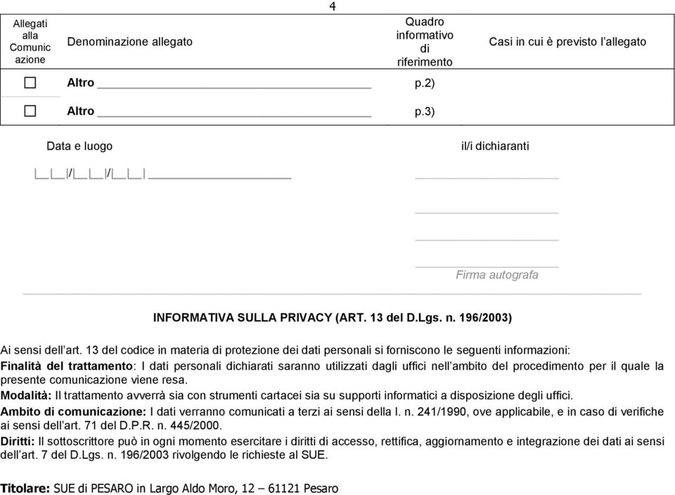 13 del codice in materia di protezione dei dati personali si forniscono le seguenti informazioni: Finalità del trattamento: I dati personali dichiarati saranno utilizzati dagli uffici nell ambito del