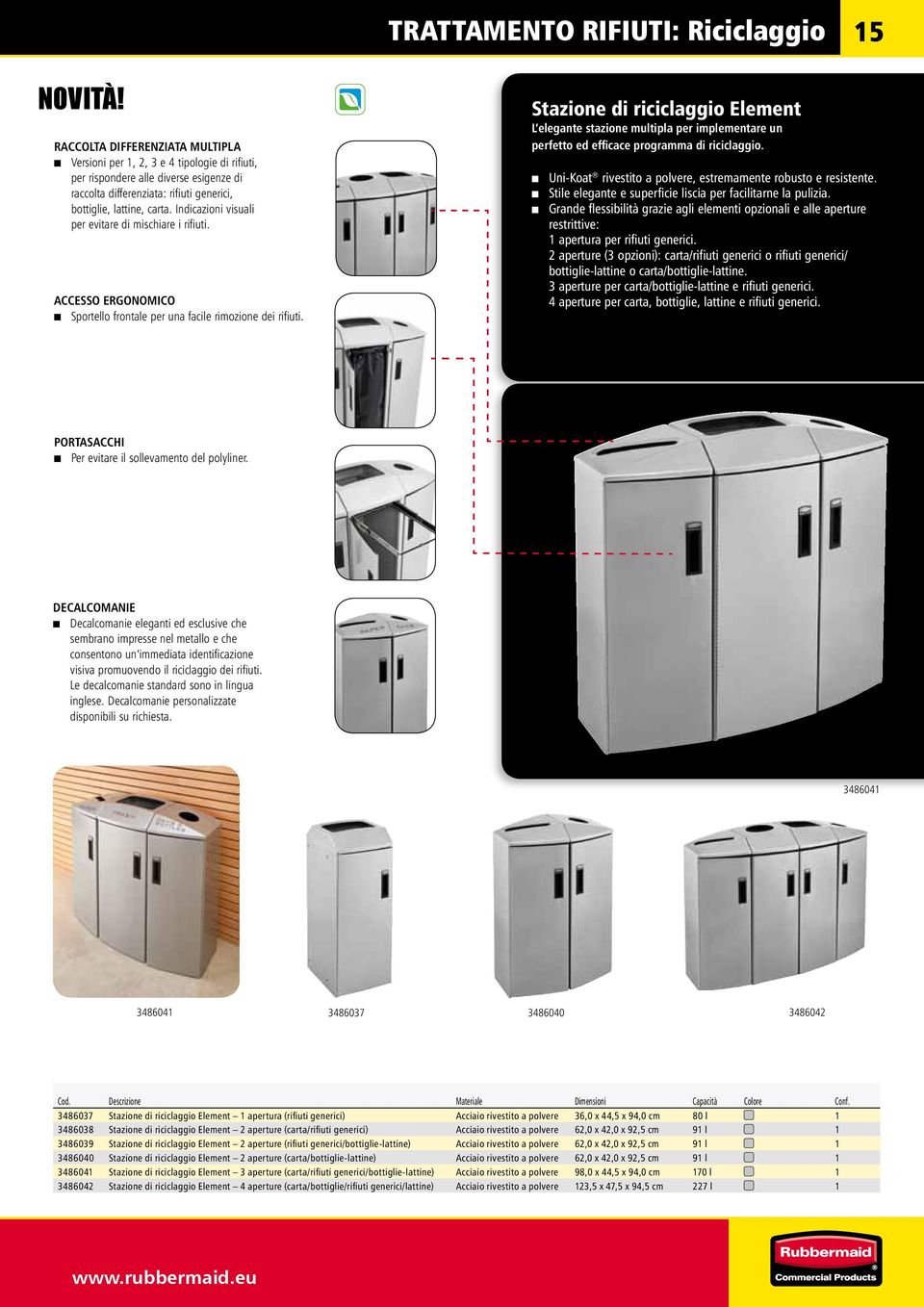 Indicazioni visuali per evitare di mischiare i rifiuti. Accesso ergonomico Sportello frontale per una facile rimozione dei rifiuti.