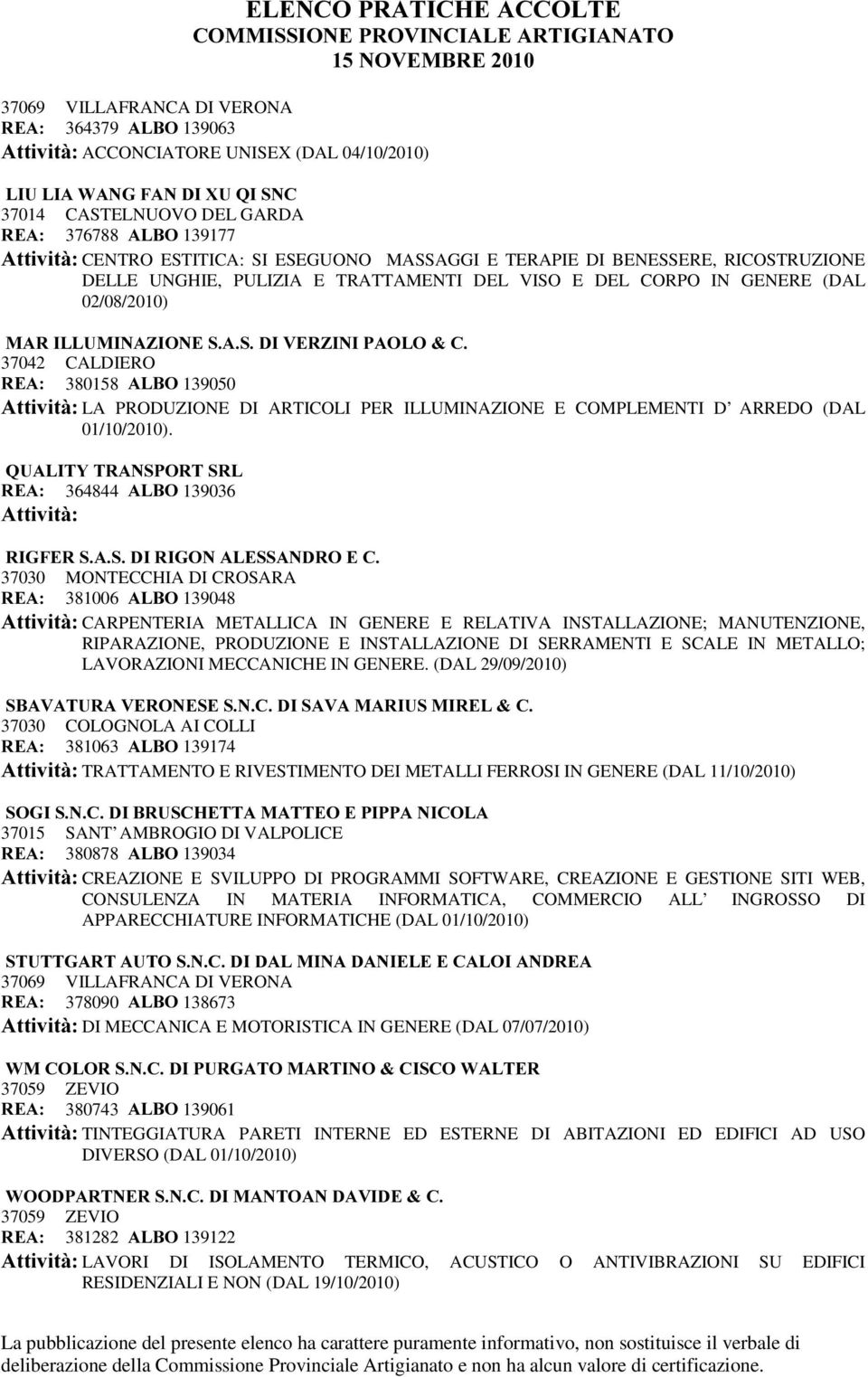 380158 $/%2 139050 $WWLYLWj LA PRODUZIONE DI ARTICOLI PER ILLUMINAZIONE E COMPLEMENTI D ARREDO (DAL 01/10/2010).